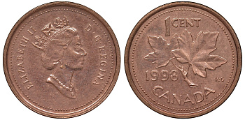 Канада 1 цент 1998 кленовый лист, Елизавета II (1952-) KM 289 сталь плакированная медью UNC 4128-543