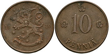 Финляндия 10 пенни 1920 республика (1918-1962) KM 24 медь 08-1045