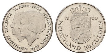 Нидерланды 2 1/2 гульдена 1980 коронация Беатрикс, 30 апреля 1980 KM 201 никель 4683-835