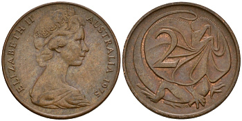 Австралия 2 цента 1975 Елизавета II (1953-), молодой портрерт, плащеносная ящерица KM 63 бронза 4601-747