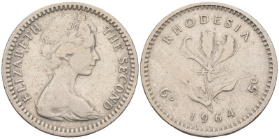 Британская Родезия 6 пенсов (5 центов) 1964 Елизавета II (1952-2022), цветок глориоза KM 1 медно-никель 00-00