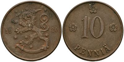 Финляндия 10 пенни 1920 республика (1918-1962) KM 24 медь 08-1045