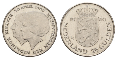 Нидерланды 2 1/2 гульдена 1980 коронация Беатрикс, 30 апреля 1980 KM 201 никель 4683-835