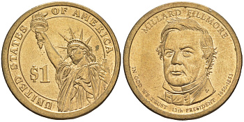 США 1 доллар 2010 P, Президент США - Миллард Филлмор (1850-1853) KM 475 медь с марганцево-латунным покрытием UNC 4629-253