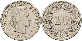 Швейцария 20 раппенов 1906 B KM 29 никель 4606-737