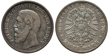 Баден 2 марки 1876 G, Фридрих I (1856-1907) J. 26, KM 265 серебро 02-264-45