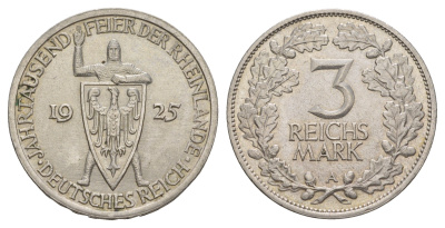Германия 3 рейхсмарки 1925 A, Тысячелетие Рейнской области KM 46 серебро 1523-1215