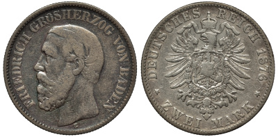 Баден 2 марки 1876 G, Фридрих I (1856-1907) J. 26, KM 265 серебро 02-264-45
