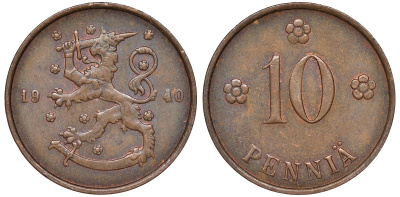 Финляндия 10 пенни 1940 республика (1918-1962) KM 24 медь 51-3234