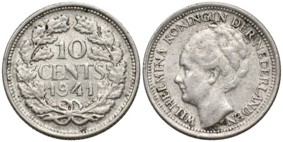 Нидерланды 10 центов 1941 Вильгельмина I (1890-1948) КМ 163 серебро 4549-1052