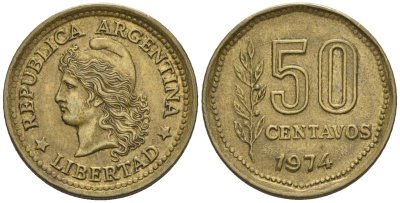 Аргентина 50 сентаво 1974 голова свободы влево KM 68, CJ 333.2, Schon 68 алюминиевая бронза    60-1045