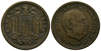 ИСПАНИЯ 1 ПЕСЕТА 1947 (49) ФРАНСИСКО ФРАНКО ДИКТАТОР ИСПАНИИ (1939-1975) KM 775 алюминиевая бронза 4110-1416