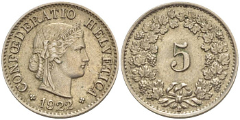 ШВЕЙЦАРИЯ 5 РАППЕНОВ 1922 В KM 26 медно-никель 4532-923