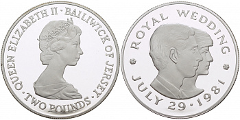 Джерси 2 фунта 1981 королевская свадьба принца Чарльза и леди Дианы Спенсер, 29 июля 1981 года KM 52а серебро PROOF 1081-9-32