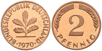 ФРГ 2 пфеннига 1970 G KM 106a, J.381a сталь плакированная медью PROOF 1094-7-11