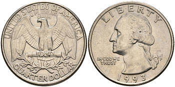 США 25 центов (квотер) 1993 P, Вашингтон KM А164а медь плакированная медно-никелем    4603-952