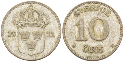 Швеция 10 эре 1911 W, Густав V (1907-1950) KM 780 серебро 3309-836