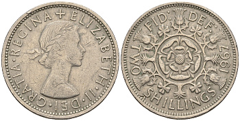 Великобритания 2 шиллинга (флорин) 1967 Елизавета II (1952-2022) KM 906, Spink 4146 медно-никель 109-721