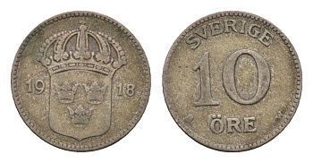 Швеция 10 эре 1918 W, Густав V (1907-1950) KM 780 серебро 179-1058