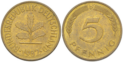 ФРГ 5 ПФЕННИГОВ 1982 D KM 107, J. 382 сталь плакированная латунью 4181-1014