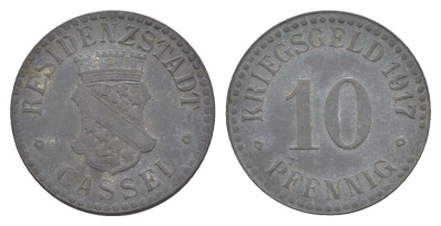 Кассель 10 пфеннигов 1917 Funck 78.3, Men05 4302.3, Men18 5464.3 цинк 4636-721
