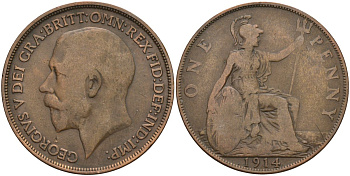 Великобритания 1 пенни 1914 Георг V (1910-1936) KM 810, Spink 4051 бронза 4144-443