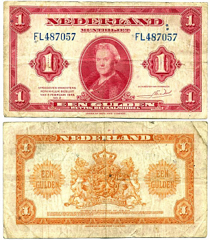 Нидерланды 1 гульден 1943 7 февраля 1943, Вильгельмина Pick 64 бумага 6279-19-1-1