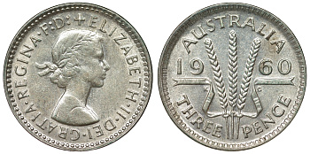 Австралия 3 пенса 1960 m, Елизавета II (1953-) KM 57 серебро 71-658