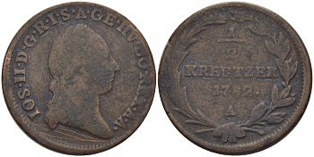 АВСТРИЯ 1/2 КРЕЙЦЕРА 1782 А, ЖОЗЕФ II (1780-1790) KM 2053 медь 87-512