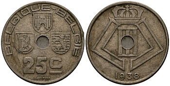 Бельгия 25 сантимов 1938 Belgique - Belgie KM 114 никель латунь 4383-823