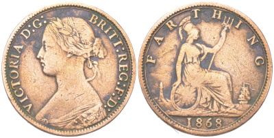 Великобритания 1 фартинг 1868 Виктория (1837-1901) KM 747.2, Spink 3958 бронза 4613-424