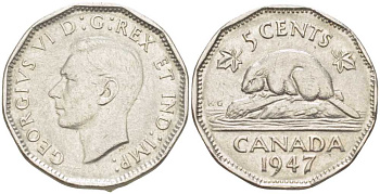 Канада 5 центов 1947 бобр, Георг VI (1937-1952) KM 39a никель 4448-856