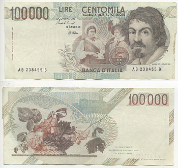 Италия 100000 лир 1983 Караваджо, фруктовый букет, подпись Speziali Pick 110b бумага 7220-26-3