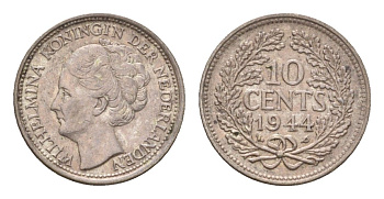 Нидерланды 10 центов 1944 Вильгельмина (1890-1948) KM 163 серебро aUNC 4669-1214