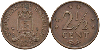 Нидерландские Антилы 2 1/2 цента 1973 Юлиана (1948-1980) KM 9 бронза 31-622