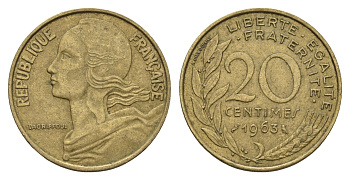 Франция 20 сантимов 1963 KM 930 алюминиевая бронза 3336-837