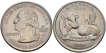 США 25 центов = квотер 2004 P, серия штаты США, Висконсин KM 359 медь плакированная медно-никелем 4603-1153