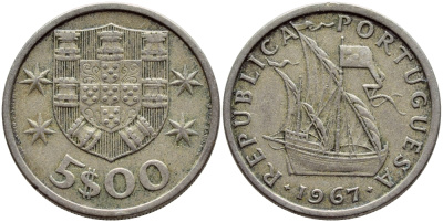 ПОРТУГАЛИЯ 5 ЭСКУДО 1967ПАРУСНИК KM 591 медно-никель 4395-854