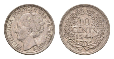 Нидерланды 10 центов 1944 Вильгельмина (1890-1948) KM 163 серебро aUNC 4669-1214
