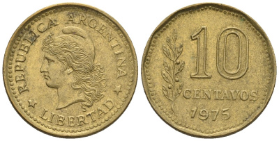 Аргентина 10 сентаво 1975 голова свободы влево KM 66, CJ 348, Schon 66 алюминиевая бронза    4609-1223