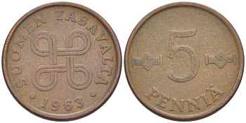 ФИНЛЯНДИЯ 5 ПЕННИ 1963 KM 45 медь 218-1265