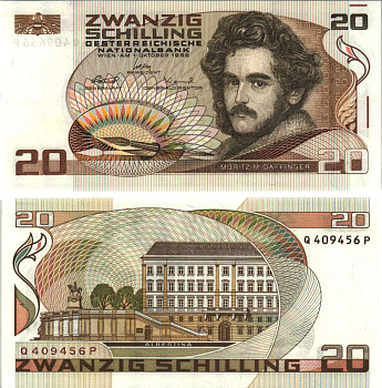 Австрия 20 шиллингов 1986  Pick 148  бумага аUNC 8589-10-2-1