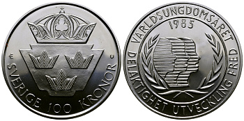 Швеция 100 крон 1985 Карл XVI Густав (1973- ), Международный год молодежи KM 864 серебро UNC 1521-512