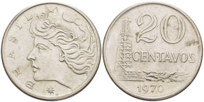 Бразилия 20 сентаво 1970 голова Свободы влево KM 579.2, Schon 84a медно-никель 4529-414