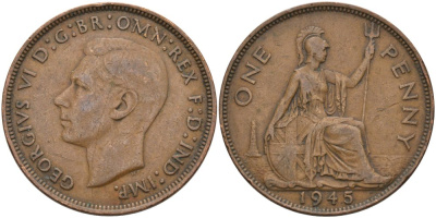 Великобритания 1 пенни 1945 Георг VI (1936-1952) KM 845, Spink 4114 бронза 4574-136