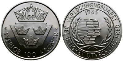 Швеция 100 крон 1985 Карл XVI Густав (1973- ), Международный год молодежи KM 864 серебро UNC 1521-512