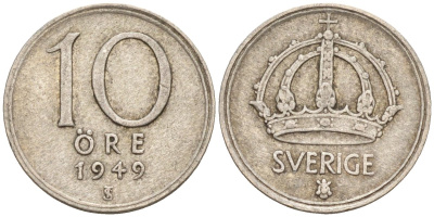 Швеция 10 эре 1949 TS, Густав V (1907-1950) KM 813 серебро 4147-855