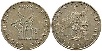 Франция 10 франков 1988 100 лет со дня рождения Ролан Гарроса (1888-1918) KM 965 алюминиевая бронза 83-1953