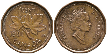 Канада 1 цент 1991 Елизавета II (1952-2022), кленовый лист KM 181 бронза 4528-764