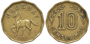 Уругвай 10 сентесимо 1977 KM 66 алюминиевая бронза 4164-759